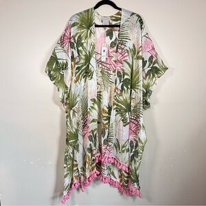NWT Charlie Paige Tropical Palm Print Kimono Swimsuit Coverup Resort Wear OS